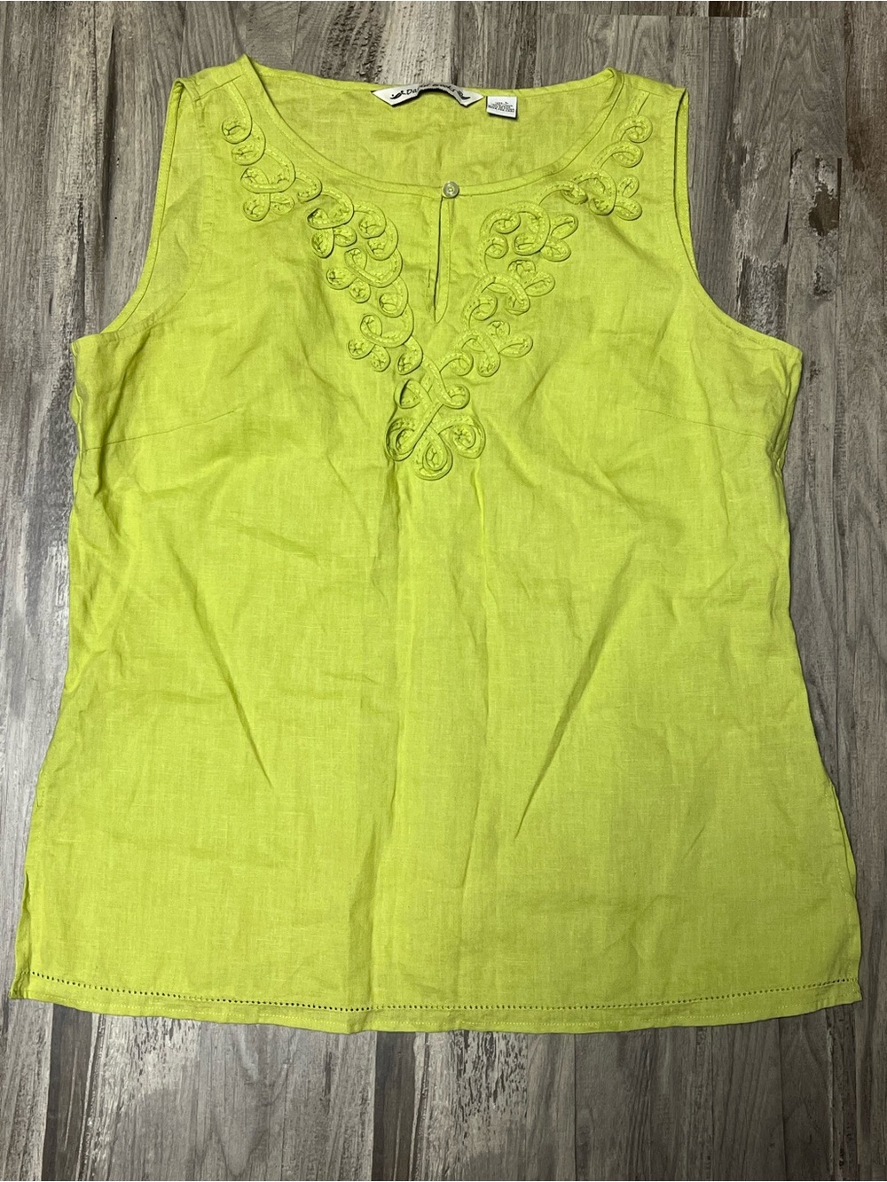 David Brooks 100% Linen Sleeveless Chartreuse Green Embroidered Top Large